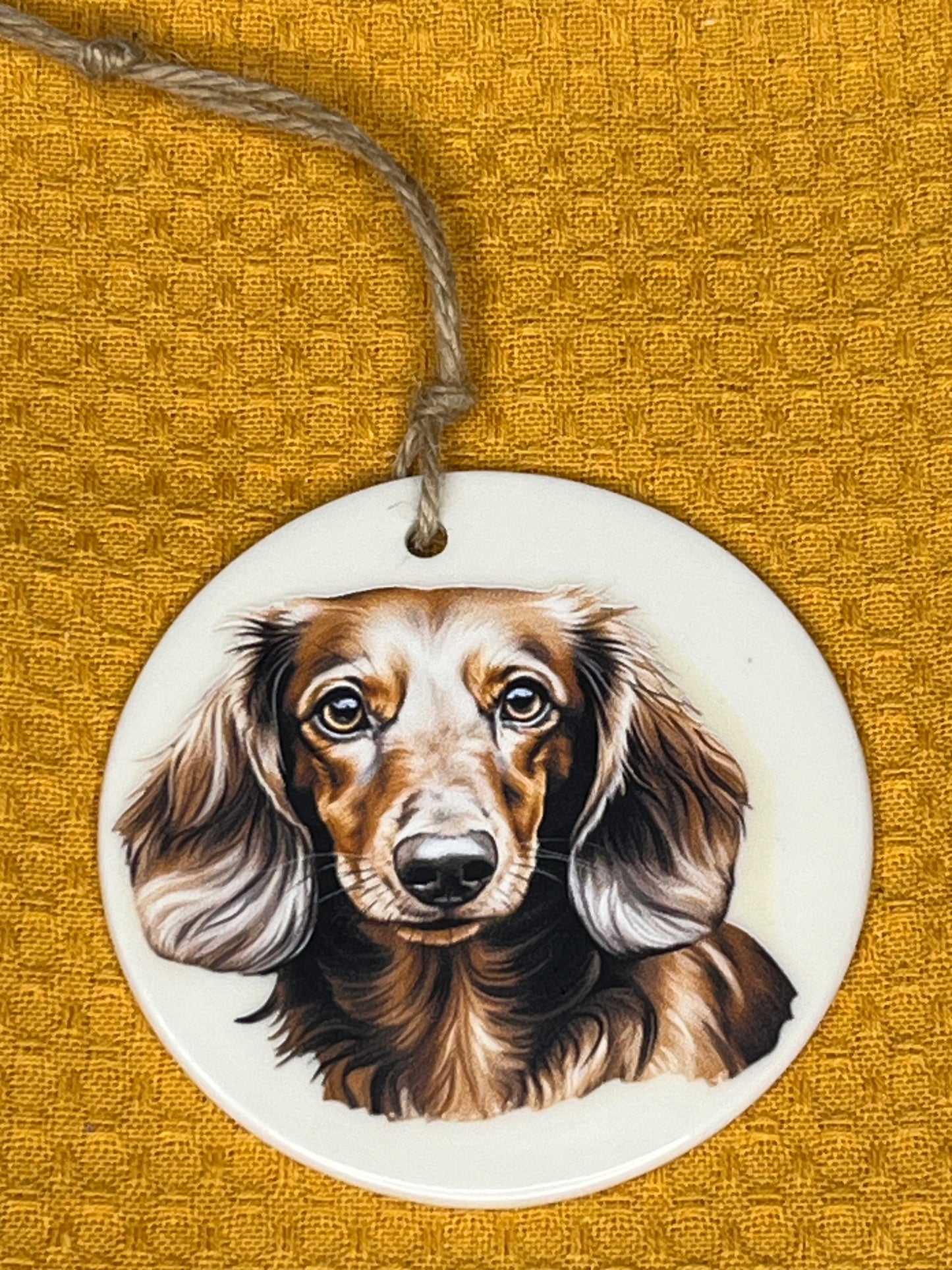 long haired Dachshund ceramic ornament