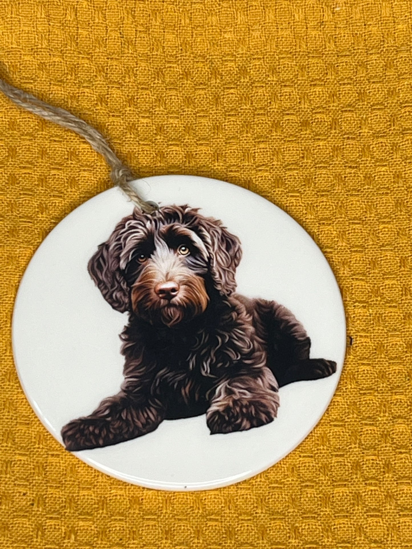 Chocolate labradoodle puppy ceramic ornament